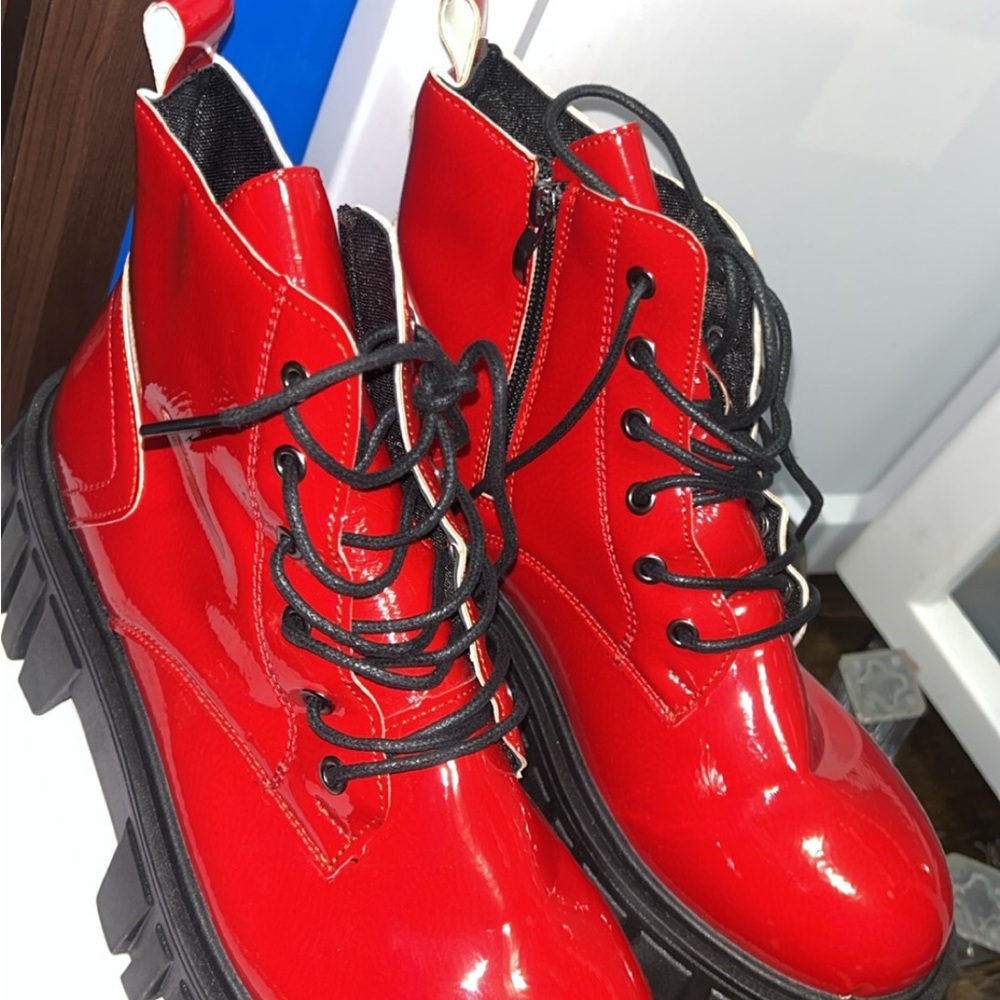 Glossy Red Ankle Boots with Black Laces and Chunky Sole